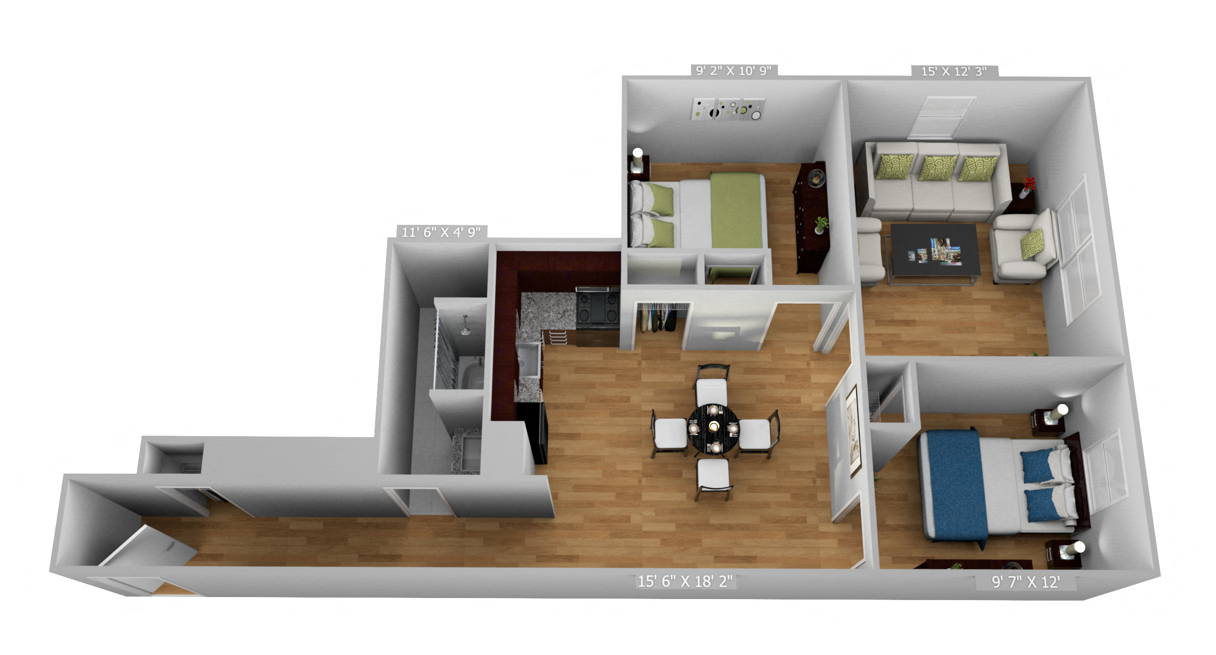 Floor plan for 2 beds, 1 bath, 925 sqft